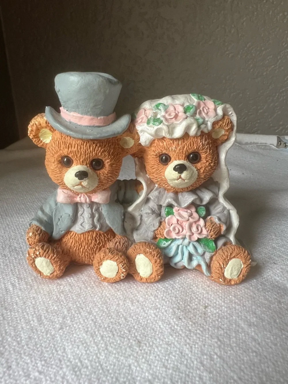 Wedding Bear Cake Topper Pair in Pastel Pink and Gray